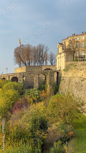 Bergamo, Italy. The old town. Landscape during fall season at the ancient gate Porta San Giacomo and the Venetian walls, an Unesco World Heritage