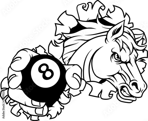 Horse mustang bronco stallion angry pool billiards sports team mascot holding a ball.