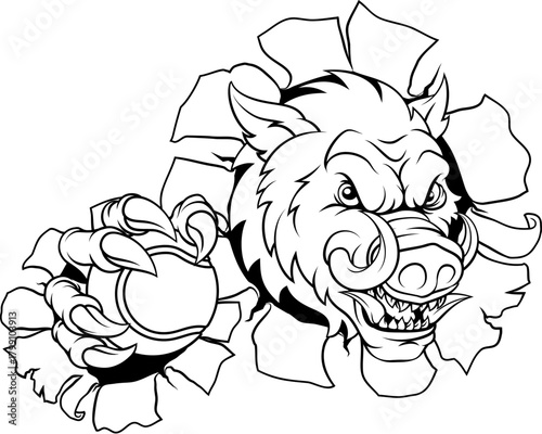A wild boar, hog razorback warthog pig mean tough cartoon sports mascot holding a tennis ball
