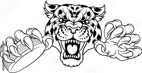 A jaguar, panther, leopard or cheetah wildcat spotted cat hockey sports team mascot holding an ice hockey puck