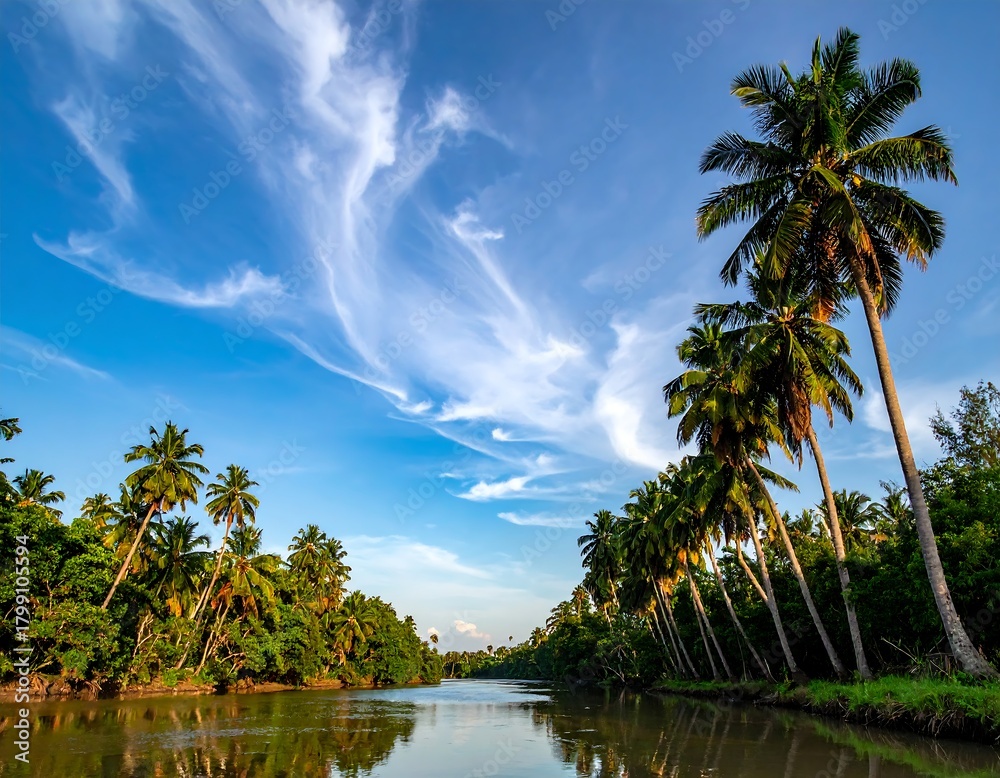 Obraz premium Palm trees line a calm river, under a blue sky with streaky clouds