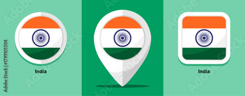 Flat Design India Flag Map Round and square on green background
