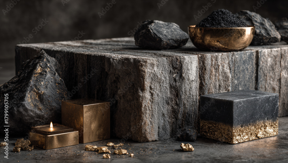 custom made wallpaper toronto digitalStone podium with black rocks and gold pieces for elegant product display
