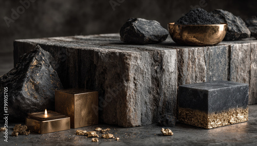 Wallpaper Mural Stone podium with black rocks and gold pieces for elegant product display Torontodigital.ca