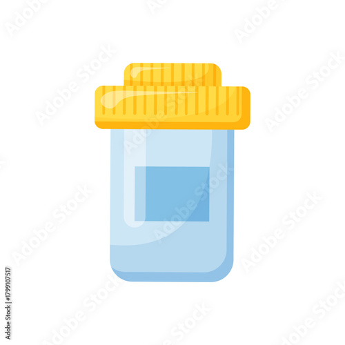 Medical  transparent bottle isolated on transparent background. Bottle for pills . Medical treatment and therapy. Medical tools. Single item. Cartoon flat style. Simple icon.  Vector illustration.