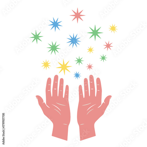 Two hands reaching up with colorful stars floating above, vector illustration.