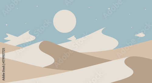 Minimalist vector of desert dunes under a starry sky with a full moon, serene scene.