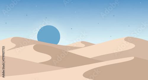 Sand dunes under a blue sky with a blue sun or moon. Desert landscape vector.