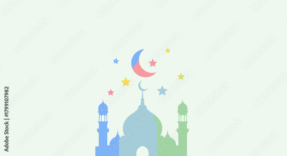 Fototapeta premium Pastel mosque with crescent moon and stars. Islamic design for holy celebration.
