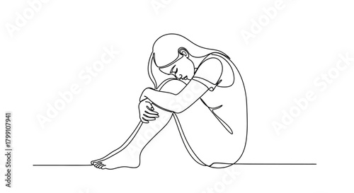 Continuous Line Art Drawing of Sad Depressed Woman – Minimalist Solitude Illustration