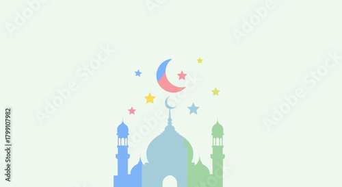 Pastel mosque with crescent moon and stars. Islamic design for holy celebration.