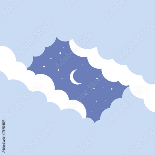 Night sky with crescent moon and stars visible through fluffy white clouds. Dreamy sky.