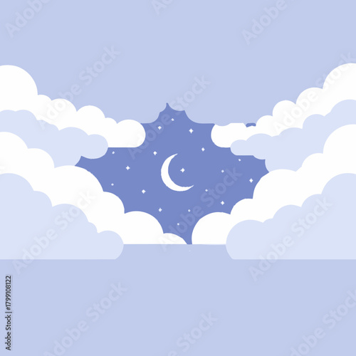 Night sky with moon and stars peeking through clouds. Peaceful night concept.