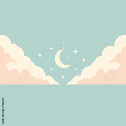 Pastel night sky with moon and stars between clouds. Dreamy sky concept illustration.