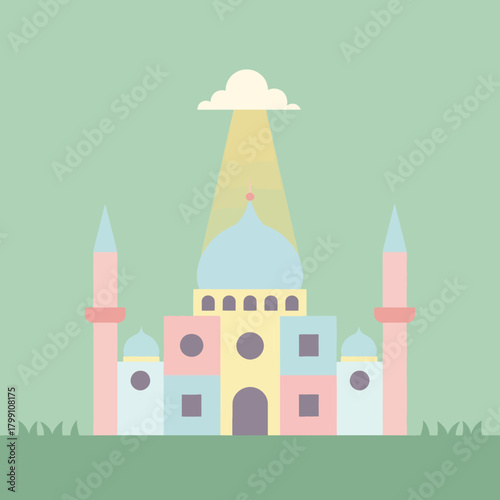 Pastel colored mosque with cloud and light ray. Islamic religious architecture.