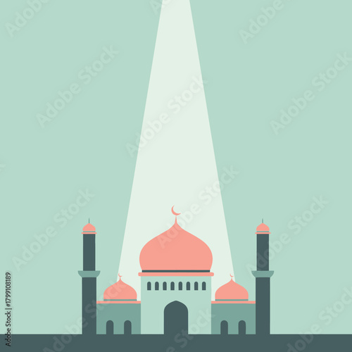 Mosque with dome and minarets illuminated by light ray. Islamic religious concept.