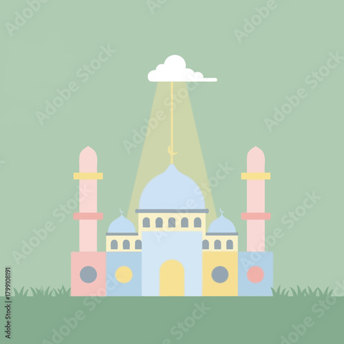 Pastel colored mosque with cloud and light ray. Islamic religious building illustration.