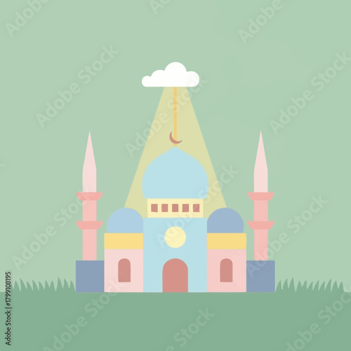 Pastel colored mosque under a cloud with a crescent moon. Islamic ramadan concept.