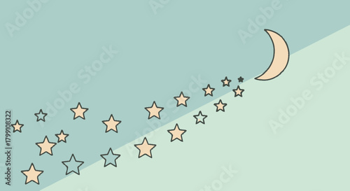 Crescent moon and stars on a light blue background. Night sky vector illustration.