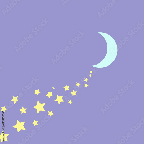 Crescent moon with a trail of stars on a purple background. Night sky concept.