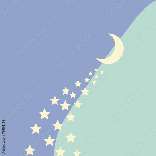 Crescent moon and star trail, whimsical night sky design. Celestial vector graphic.