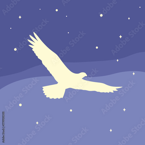 Eagle silhouette flying in the night sky with stars. Freedom and nature concept.
