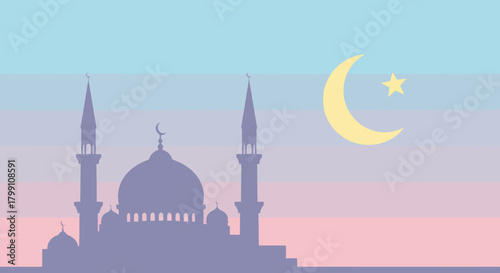 Mosque silhouette with crescent moon and star against pastel color sky background.