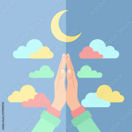 Hands folded in prayer with moon and clouds. Praying, hope, faith and spirituality.