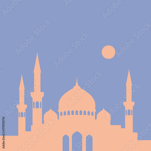 Silhouette of a mosque with minarets and dome against a blue sky with a moon.