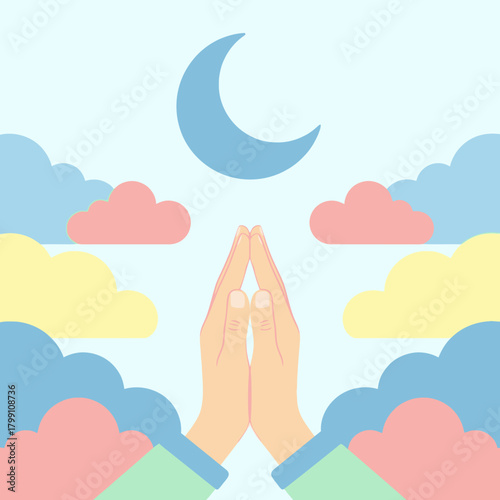 Praying hands in front of moon and clouds. Religious, spiritual, hope concepts.