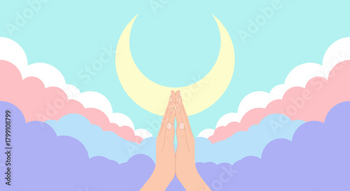 Hands in prayer with moon and clouds, symbolizing hope, faith, and spirituality.