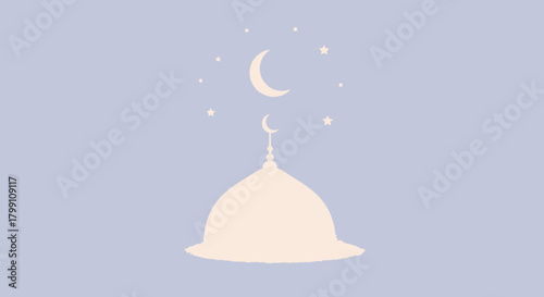 Mosque dome with crescent moon and stars on blue background for islamic design.