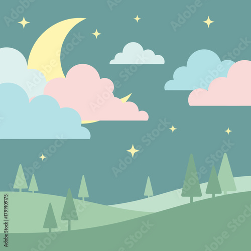Pastel night landscape with moon, stars, clouds, and trees in a minimalist style.