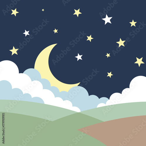 Night landscape with moon, stars, and clouds over hills. Dreamy vector design.