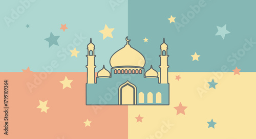 Mosque with dome and minarets in pastel colors with stars for islamic holidays.