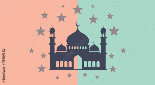 Mosque silhouette with stars on a split peach and mint background. Islamic design.