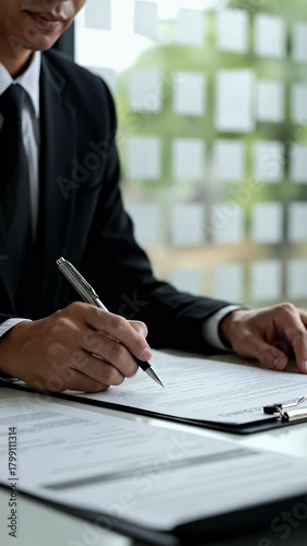 Man in Suit Signs Document with Pen in Office Blurred Background