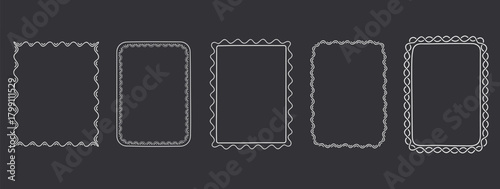 Five hand drawn frames with various decorative borders, dark background