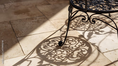 Elegant outdoor patio scene with ornate ironwork and shadow play for design inspiration