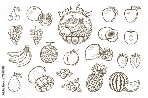 果物　フルーツ　線画イラスト　アイコンセット