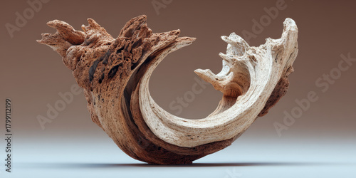 Fototapeta Naklejka Na Ścianę i Meble -  Abstract driftwood sculpture 3D rendering on brown background