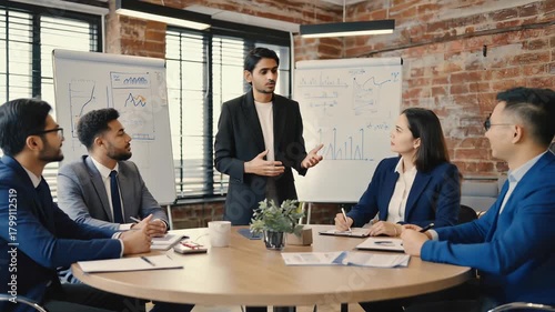 Diverse Business Team Meeting Around Table: Presentation, Collaboration, and Strategy Discussion in Modern Office