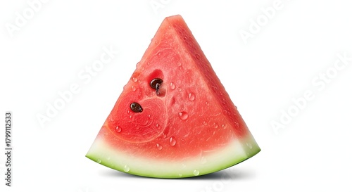 Slice of fresh watermelon with water drops on white background