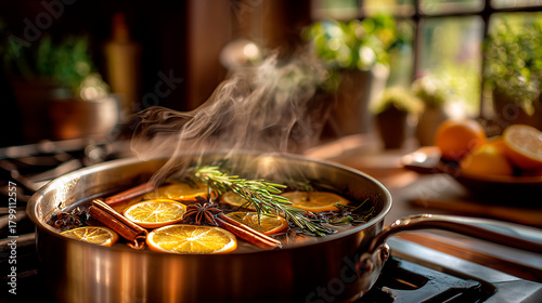 A simmer pot on a stovetop with steam rising. The pot contains sliced oranges, cinnamon sticks, and herbs. A cozy kitchen setting with natural light.