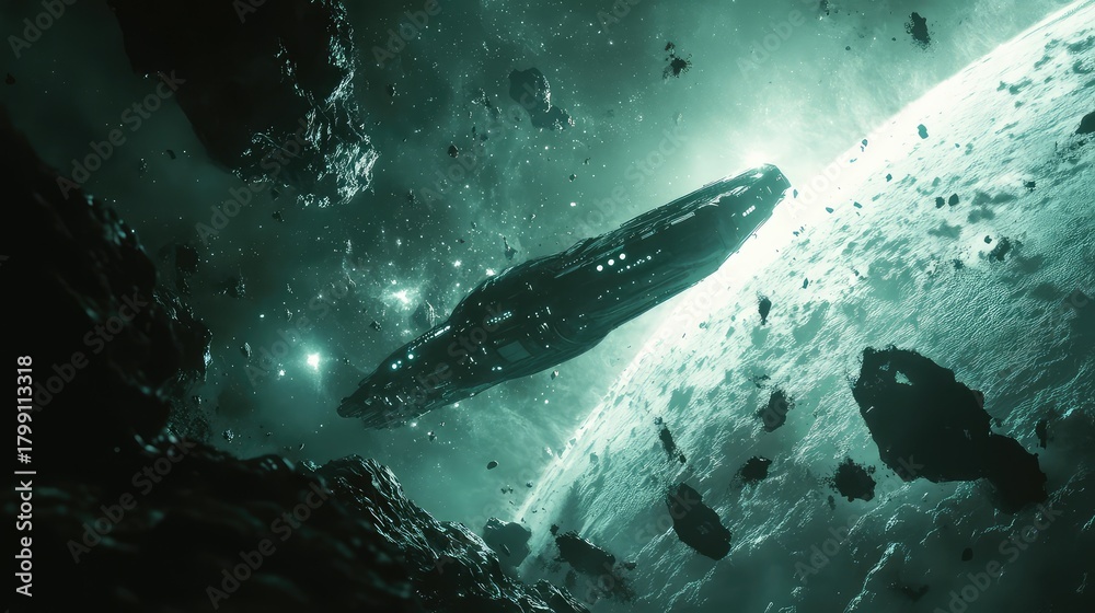 Fototapeta premium Futuristic spaceship navigating through a luminous asteroid field