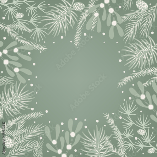 Elegant Christmas line art frame with winter botanicals. Vector illustration with pine, mistletoe, and cones. Ideal for holiday cards, invitations, banners, and modern seasonal design.﻿