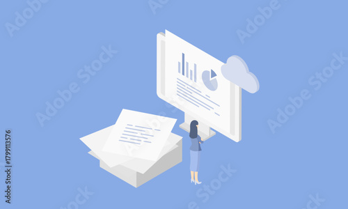 DXを推進するビジネスパーソンのアイソメトリックなベクターイラスト。山積みの書類を電子化してペーパーレス。Digital Transformation