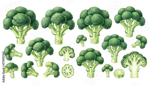 A detailed collection of fresh green broccoli illustrations, including whole heads and cut florets.