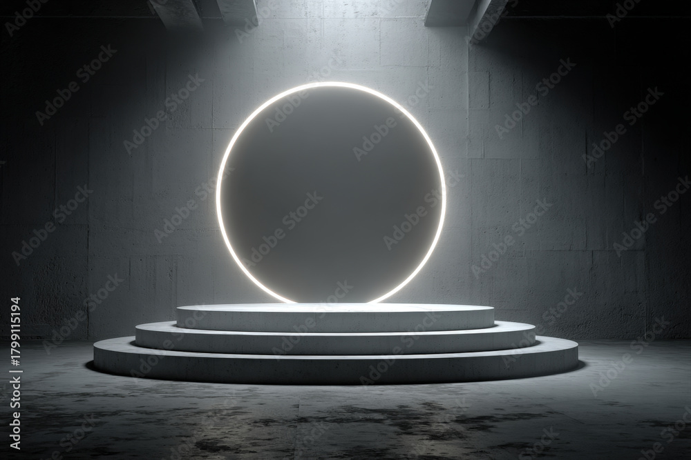 Obraz premium Minimalist circular wall cutout with round podium and soft rim lighting