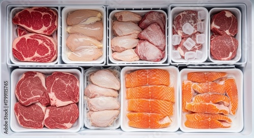 Freezer stocked with raw meat and fish in trays